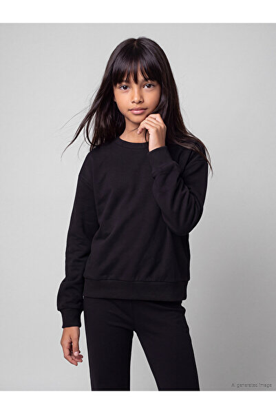 LC Waikiki Alita City Lcw Kids Black Oval-Necked Girls' Sweatshirt with a Dif...