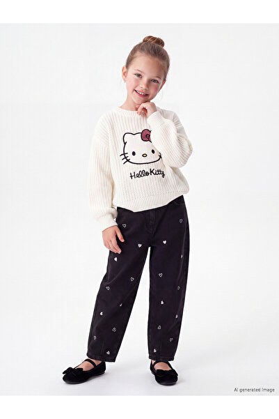 LC Waikiki Lcw Kids Black Balloon Fit Embroidered Girls' Jean Pants with Neva...