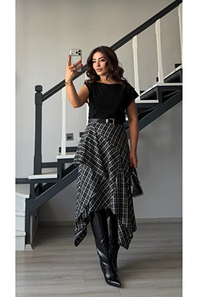 Oslove Siyah Ekose Desen Asimetrik Etek