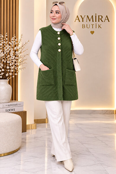 aymiraa Women's Angora Knitwear Vest, Hijab, Knitted, Buttoned, Pocketed, Pat...