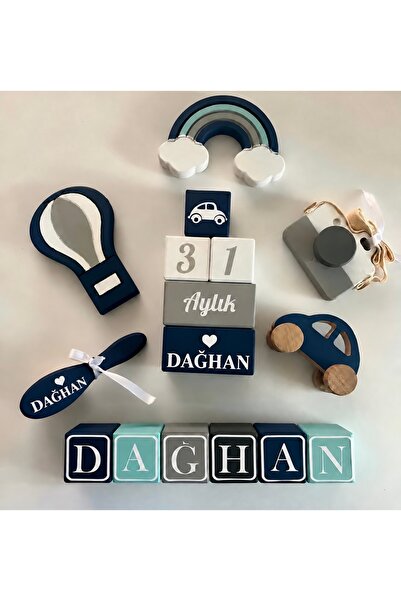 mogokids Lacivert harfli objeli bebek anı küpü seti (6 harfli için geçerlidir)
