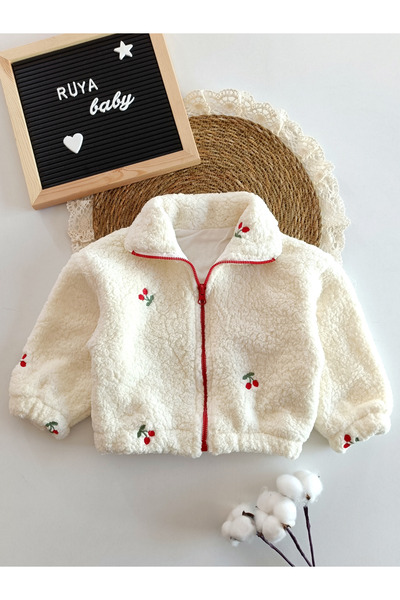 Genel Markalar Cherry Peluş Fermuarlı Kız Bebek Hırka-KREM
