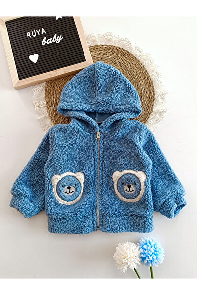 Bear Peluş Fermuarlı Erkek Bebek Hırka-İNDİGO