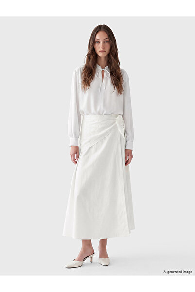 LC Waikiki Peak New Season White Embroidered Flared Skirt with Shawl Tie Detail