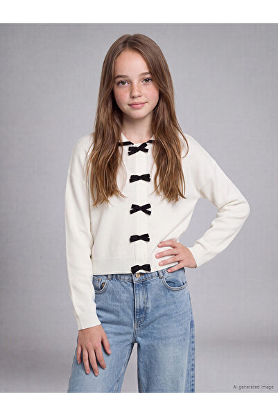 LC Waikiki Peak New Season Ecru Bow Detailed Girls' Knitwear Cardigan