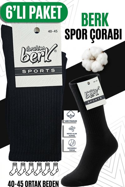 Berk Erkek Kolej Tenis Spor Çorap 6'lı Paket Pamuklu Uzun Fitilli Siyah 40-45