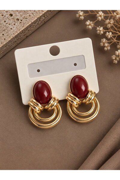 serelya Brass Gold Color Vintage Women's Earrings with Burgundy Stones