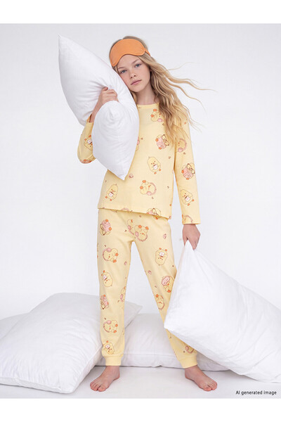 LC Waikiki Peak New Season Yellow Crew Neck Girls' Pajama Set