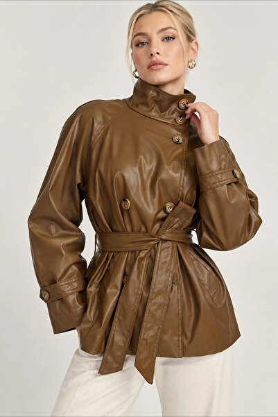 Lusin Women's Tan Brown Stand Collar Belted Stylish Soft Textured Lined Butto...