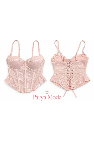 PARYA MODA Kadın Pembe Payetli Korse Crop Top – İp Askılı, Bağcıklı, Şık Büst...