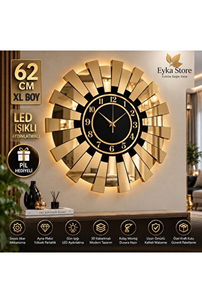 EYKA STORE 62 cm XL 3D Kabartmalı Gold Siyah - Aynalı LED Işıklı Modern Dekor...