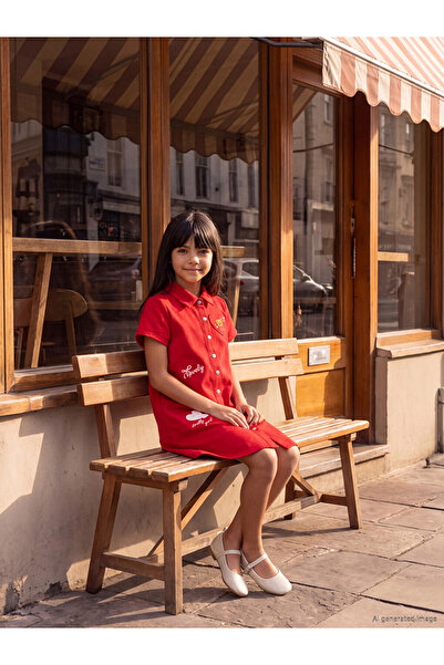 LC Waikiki Peak New Season Red Shirt Collar Printed Girls' Dress
