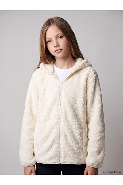 LC Waikiki Peak New Season Ecru Hooded Girls' Plush Zippered Sweatshirt