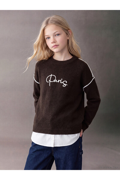LC Waikiki Two Mt Shop Quality Lcw Kids Brown Paris Embroidered Girls' Knitwe...
