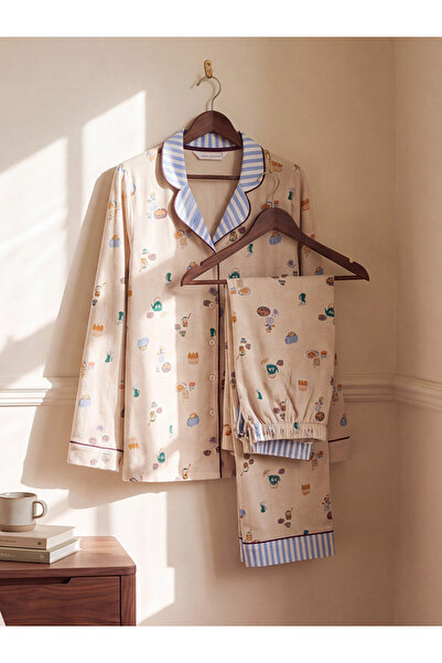 LC Waikiki Peak New Season Ecru Shirt Collar Printed Women's Pajama Set