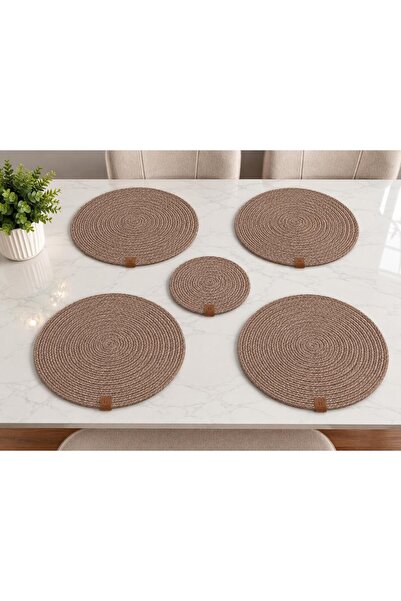 MRK Model 5 Pieces 4 Pieces of 30cm Round Jute Placemats 1 Piece of 20cm Roun...