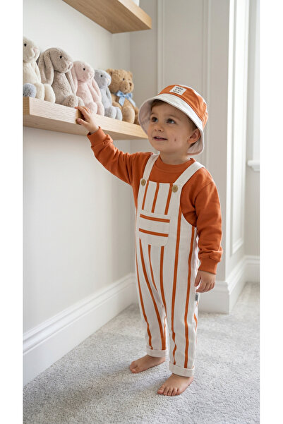 Asila Baby Striped Pocket Detailed Salopet, Stretchy Fabric Sweatshirt and Safari Hat 3-Piece Baby Boy Set