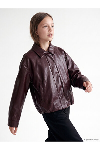 LC Waikiki Two Mt Shop Quality Lcw Kids Burgundy Leather Look Girls' Coat