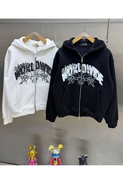 Minga London White Vonace Worldwide Printed Oversize Zippered Black Unisex Ho...