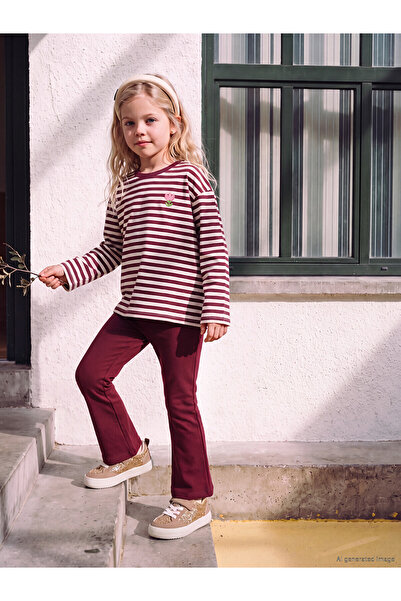 LC Waikiki Two Mt Shop Quality Lcw Kids Burgundy Striped Long Sleeve Girls' T...