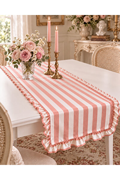 NURGİTA HOME Fırfırlı Pembe Çizgili Vintage Runner & Duck Keten Dekoratif Ört...