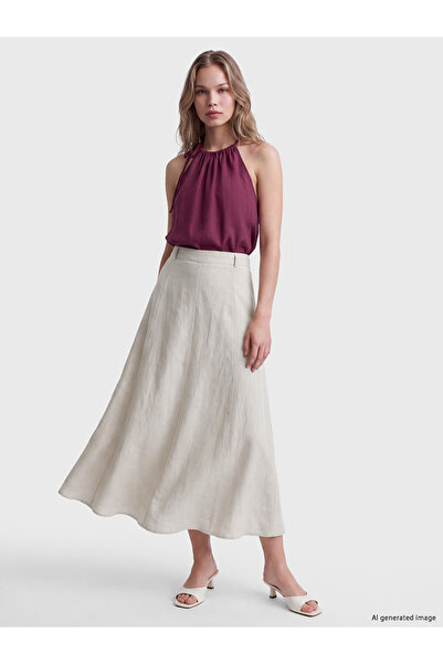 LC Waikiki Vizyon New Season Beige Linen Blend A-Line Flared Skirt