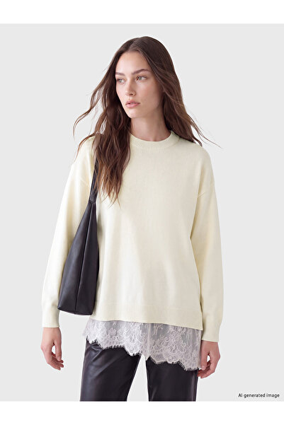 LC Waikiki Peak New Season Ecru Crew Neck Lace Detailed Women's Knitwear Tunic