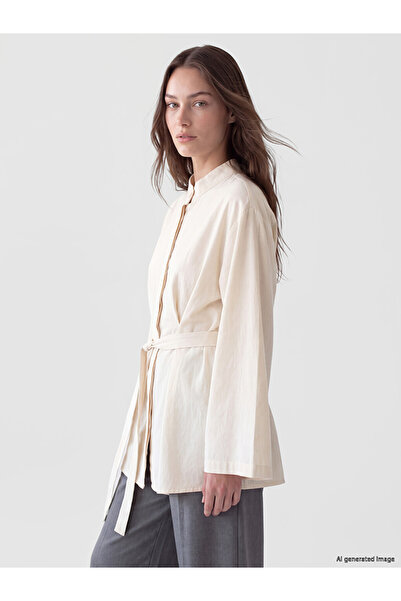 LC Waikiki Vizyon New Season Beige High Collar Belted Women's Shirt Tunic