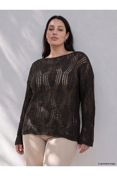 LC Waikiki Nevavm Farkıyla Lcw Curve Brown Knitwear Openwork Oval Collar Wome...