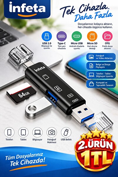 İnfeta Siyah 5'i 1 Arada USB 2.0 Micro SD/TF Kart Okuyucu Type-C Micro USB OT...