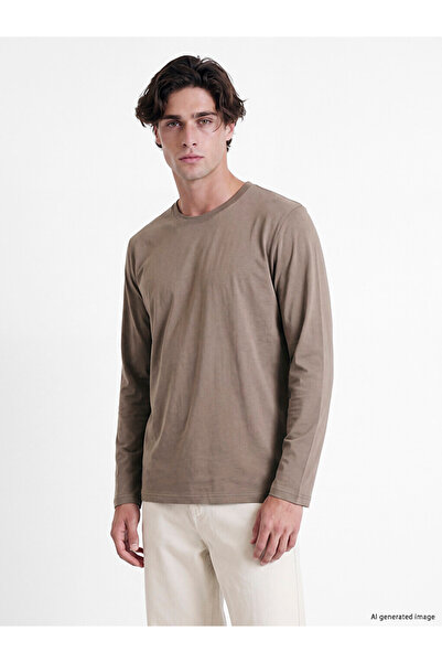 LC Waikiki Peak New Season Brown Crew Neck Long Sleeve Combed Cotton Men's T-...