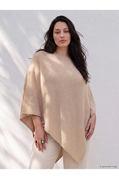 LC Waikiki Lcw Curve Beige Knitwear Plain Women's Poncho with Nevavm Difference