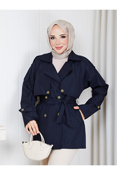 MİHRİZAR Women's Shoulder and Sleeve Detailed Buttoned Belted Jacket Long Tre...