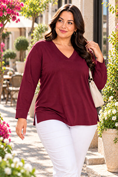 Paw Garage Women's Plus Size 100% Viscose V-Neck Long Sleeve Blouse with Slit...