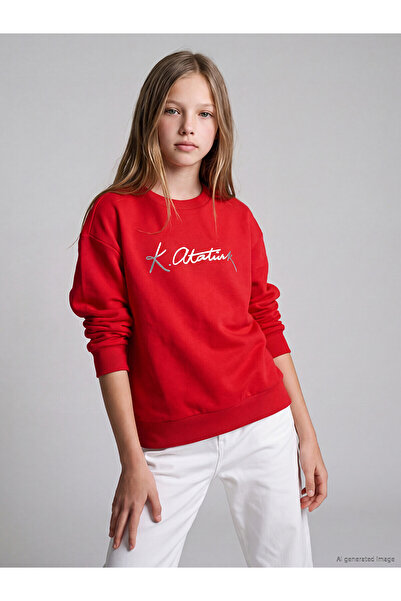 LC Waikiki Alita City Lcw Kids Red Ataturk Signed Girls' Sweatshirt with a Di...