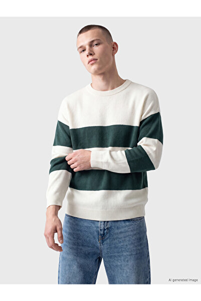 LC Waikiki Nevavm Farkıyla Xside Green Knitwear Striped Oval Collar Men's Swe...
