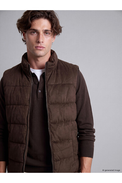 LC Waikiki Lcw Vision Brown Suede Look Flat Men's Puffer Vest with Nevavm Dif...