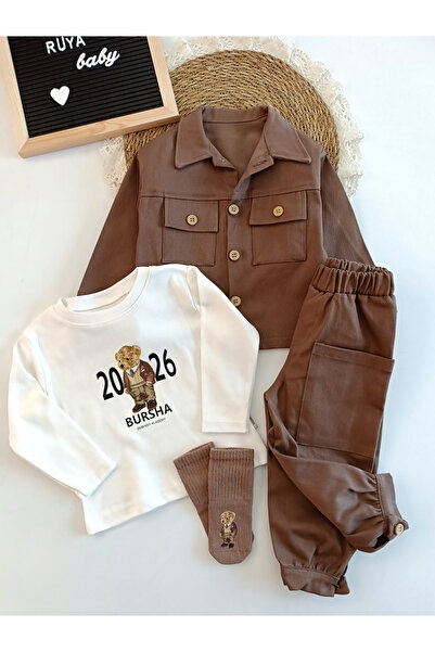 Gabardin Kumaş Ceket Pantolon Body ve Çorap Erkek Bebek Set-ACI KAHVE