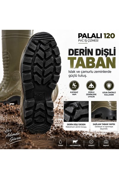 PALALI 120 Haki PVC Su Geçirmez İş Çizmesi Kaymaz Tabanlı Tarım Hayvancılık Sanayi Çizmesi