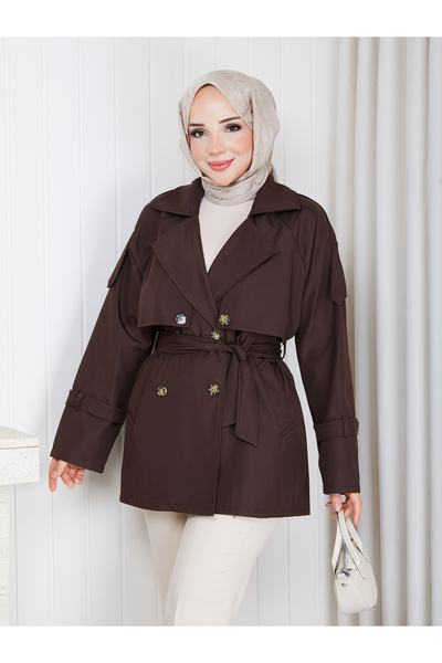 MİHRİZAR Women's Shoulder and Sleeve Detailed Buttoned Belted Jacket Long Tre...