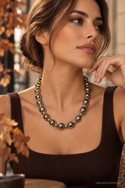 Solare Accessories Gümüş ve Gold Renk Boncuklu Kolye