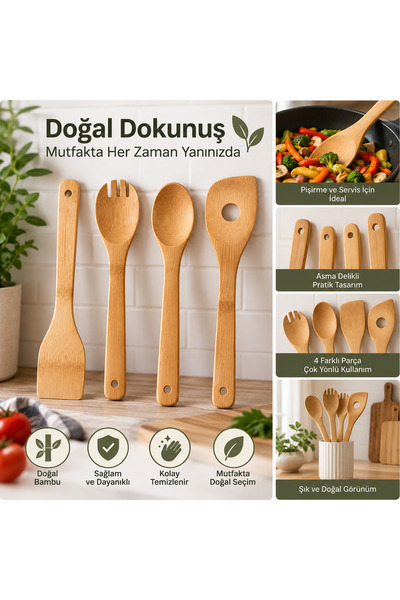 Genel Markalar Bambu 4'lü Mutfak Servis Seti Kaşık Spatula 30 cm