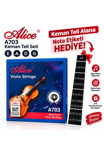 happypotam Alice A703 Keman Teli Seti | 3/4 Keman Nota Etiketi HEDİYE