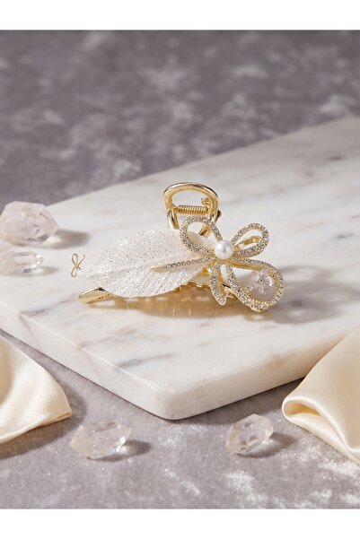 Lotus luxury Yaprak Desenli Taşlı Metal Premium Mandal Toka