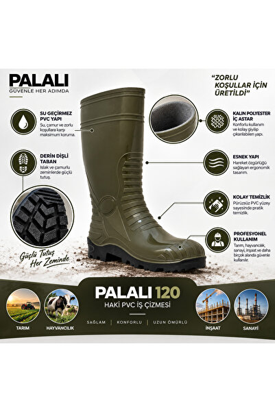 PALALI 120 Haki PVC Su Geçirmez İş Çizmesi Kaymaz Tabanlı Tarım Hayvancılık S...