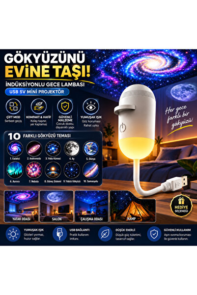 Çeşithane 10 Diskli Galaksi Projektörü USB 5V Mini Gece Lambası, Yıldız ve Gö...
