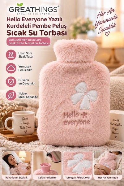 Greathings Pembe Peluş Sıcak Su Torbası 1 Lt – Hello Everyone Kurdeleli Yumuş...