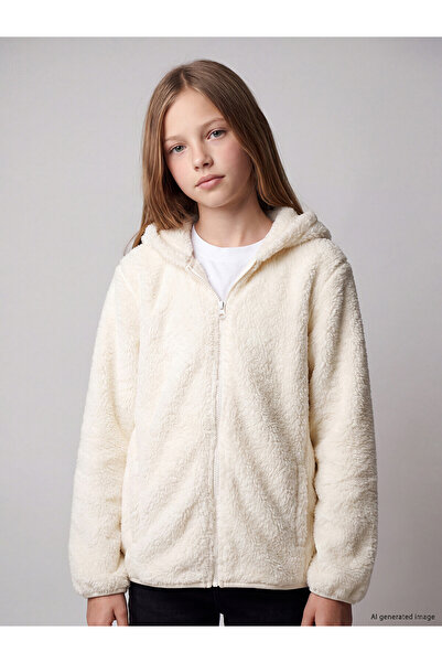 LC Waikiki Lcw Kids Ecru Hooded Girls' Plush Zippered Sweatshirt with Nevavm ...