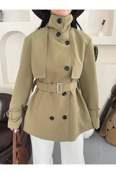 VESS MODA Stand-Up Collar Belt Buckle Detail Seasonal Medium Length Trench Coat