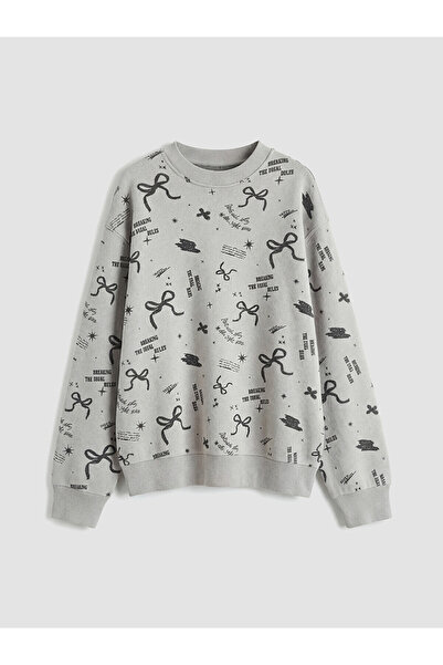 LC Waikiki Alita City Lcw Kids Gray Oval Collar Printed Girls' Sweatshirt wit...